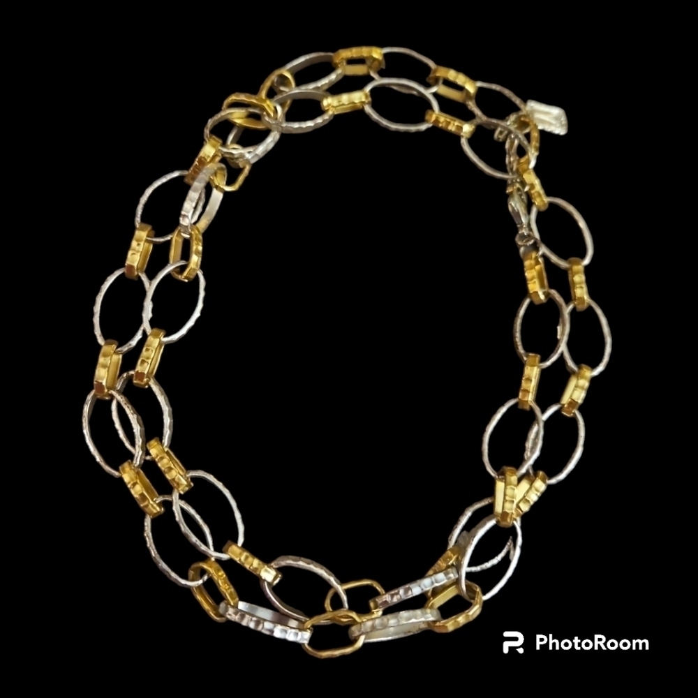Karine Sultan 1990s Designer Two-tone Mixed Metal Oval Link Long Chain Necklace